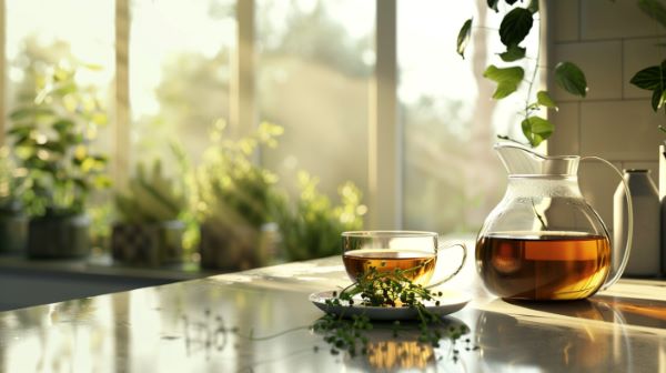 Schwedenbitter in einer Karaffe und Schwedenbitter in einer Tasse für die innerliche Anwendung